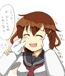 Rule 34 | 10s, 1boy, 1girl, :d, admiral (kancolle), arito arayuru, bad id, bad pixiv id, brown hair, cheek pinching, comic, fang, hand on another&#039;s face, ikazuchi (kancolle), kantai collection, military, military uniform, naval uniform, open mouth, personification, pinching, school uniform, serafuku, smile, translated, uniform, white background