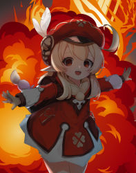 Rule 34 | 1girl, absurdres, ahoge, backpack, bag, dress, empty eyes, explosion, feathers, genshin impact, hair between eyes, hat, hat feather, highres, iznal, klee (genshin impact), long hair, long sleeves, looking at viewer, low twintails, red dress, red eyes, red hat, smile, solo, twintails, white feathers