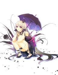 Rule 34 | 1girl, bad id, bad pixiv id, bare shoulders, blonde hair, crown, dress, ein lee, flower, gloves, legs, long hair, looking at viewer, original, otacool, parted lips, purple eyes, ribbon, simple background, solo, squatting, thigh strap, umbrella, very long hair