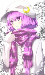 Rule 34 | 1girl, alternate costume, alternate headwear, blush, capelet, colored eyelashes, crescent pin, efune (ef), eyes visible through hair, floral background, hair between eyes, long hair, long sleeves, parted lips, patchouli knowledge, plaid, plaid scarf, purple eyes, purple hair, purple scarf, scarf, solo, sweater, touhou, upper body, white background, winter clothes