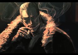 Rule 34 | 1boy, black hair, cigarette, coat, crocodile (one piece), dark, fur coat, hair slicked back, highres, jewelry, letterboxed, male focus, one piece, ring, scar, scar on face, shading, smoke, solo, user rnmw4444, yellow eyes