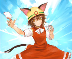 Rule 34 | &gt;:), 1girl, animal ears, bow, bowtie, brown eyes, brown hair, card, cat ears, cat girl, cat tail, chen, dress, duel monster, earrings, ears through headwear, helmet, jewelry, kinketsu, multiple tails, parody, red dress, rescue cat, short hair, short sleeves, single earring, smile, solo, tail, touhou, two tails, upper body, v-shaped eyebrows, whistle, white bow, white bowtie, yu-gi-oh!