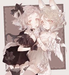 Rule 34 | 2girls, \||/, angel wings, animal ears, black bow, black dress, black legwear, black ribbon, bow, choker, dress, feathered wings, frilled sleeves, frills, grey dress, grey eyes, grey hair, grey legwear, hair bow, hair ribbon, hand on another&#039;s mouth, looking at viewer, multiple girls, muted color, nobuyo ninomiya, open mouth, original, ribbon, ribbon choker, see-through, short hair, siblings, sisters, tail, thighhighs, twins, white bow, white ribbon, white wings, wings, wrist cuffs