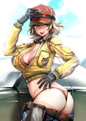 Rule 34 | 10s, 1girl, :p, adjusting clothes, adjusting headwear, ass, baseball cap, belt, black gloves, blonde hair, breasts, brown panties, car, character name, cidney aurum, cleavage, clothes pull, cropped jacket, final fantasy, final fantasy xv, gloves, goggles, goggles around neck, green eyes, hand on own hip, hat, large breasts, motor vehicle, panties, short hair, short shorts, shorts, shorts pull, smile, solo, souryu, tan, tanline, tongue, tongue out, twisted torso, underwear