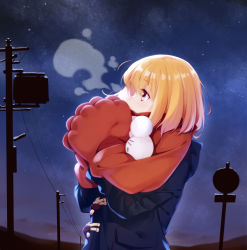 Rule 34 | 1girl, absurdres, bad id, bad pixiv id, blonde hair, breath, brown eyes, coat, ello, eyebrows, eyelashes, from side, gloves, highres, long sleeves, looking up, night, night sky, original, outdoors, pom pom (clothes), power lines, profile, red gloves, red scarf, road sign, scarf, short hair, sign, sky, snowing, solo, star (sky), upper body, utility pole, utility pole (object), winter, winter clothes