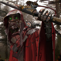 Rule 34 | 1boy, absurdres, adeptus mechanicus, commentary, cyborg, english commentary, glowing, glowing eyes, green eyes, highres, holding, holding staff, hood, male focus, mechanical arms, outdoors, patchwork clothes, phoebe herring, pine tree, realistic, red hood, red robe, robe, solo, staff, tan, techpriest, tree, warhammer 40k