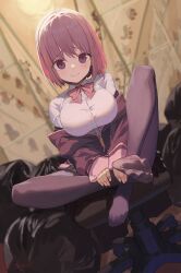 Rule 34 | 1girl, blurry, blurry background, blush, bow, bowtie, breasts, chair, closed mouth, collared shirt, crossed legs, depth of field, dutch angle, eyelashes, feet, full body, gridman universe, highres, impossible clothes, impossible shirt, indoors, jacket, knee up, large breasts, legs, looking at viewer, m.q (mqkyrie), medium hair, nail polish, no shoes, off shoulder, office chair, pantyhose, partially unzipped, pink bow, pink bowtie, pink hair, pink nails, purple eyes, purple jacket, purple pantyhose, school uniform, shinjou akane, shirt, sidelocks, sitting, smile, solo, spread toes, ssss.gridman, swivel chair, toe scrunch, toes, trash bag, white shirt