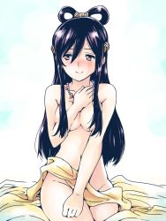 Rule 34 | 1girl, black hair, blush, breasts, cleavage, convenient censoring, covering privates, covering breasts, embarrassed, hair censor, ishiyumi, izanami (p&amp;d), jewelry, long hair, looking away, magatama, necklace, nude, orange eyes, puzzle &amp; dragons, sitting, smile, solo