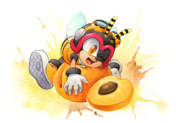 Rule 34 | 1boy, apricot (fruit), charmy bee, finik, food, fruit, furry, furry male, gloves, highres, one eye closed, open mouth, shoes, solo, sonic (series), white gloves