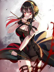 Rule 34 | 1girl, absurdres, bare shoulders, black dress, black gloves, black hair, black thighhighs, blood, breasts, cleavage, dagger, dress, fingerless gloves, flower, fuyuki (neigedhiver), gloves, gold hairband, hair flower, hair ornament, hairband, highres, knife, large breasts, long hair, looking at viewer, red eyes, rose, sidelocks, solo, spy x family, thighhighs, thighs, weapon, yor briar