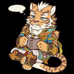 Rule 34 | ..., 1boy, animal ears, animated, animated gif, artist request, bad link, bara, blue eyes, book, full body, furry, furry male, holding, holding book, light smile, lin hu (nekojishi), lowres, male focus, muscular, muscular male, nekojishi, official art, orange fur, reading, short hair, sitting, solo, tail, tail wagging, thick eyebrows, third-party source, thought bubble, tiger boy, tiger ears