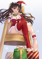 Rule 34 | 1girl, :d, adapted costume, alternate costume, asle, bare shoulders, barefoot, bell, black ribbon, breasts, brown hair, christmas, cleavage, collar, commentary request, detached collar, detached sleeves, dress, earrings, fate/grand order, fate (series), full body, fur-trimmed dress, fur-trimmed legwear, fur trim, hair ribbon, hat, hoop earrings, ishtar (fate), jewelry, legs, long hair, medium breasts, neck bell, open mouth, red eyes, red thighhighs, ribbon, santa costume, santa hat, single thighhigh, sitting, smile, snowflakes, solo, strapless, strapless dress, thighhighs, thighs, tube dress