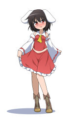 Rule 34 | 1girl, alternate costume, animal ears, ascot, black hair, blush, boots, brown hair, clothes lift, cosplay, cross-laced footwear, detached sleeves, dress, dress lift, full body, hachi (chihagura), hakurei reimu, hakurei reimu (cosplay), inaba tewi, long sleeves, looking at viewer, open mouth, pink eyes, rabbit ears, shirt, simple background, skirt, skirt set, smile, solo, touhou, white background, wide sleeves