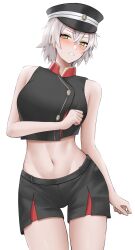 Rule 34 | 1girl, azur lane, bare arms, bare shoulders, black shirt, black shorts, blush, breasts, character request, clenched teeth, commentary request, cowboy shot, crop top, embarrassed, grey hair, hair between eyes, hat, highres, jakqbigone, kinu (azur lane), large breasts, looking at viewer, midriff, navel, peaked cap, shirt, short hair, shorts, simple background, sleeveless, sleeveless shirt, solo, standing, stomach, teeth, thighs, white background, yellow eyes