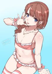 Rule 34 | 1boy, :p, blue background, blush, bra, brown hair, crossdressing, earrings, frills, highres, jewelry, long hair, looking at viewer, male focus, navel, original, panties, pink bra, pink panties, simple background, smile, solo, striped clothes, striped thighhighs, tawapo, thighhighs, tongue, tongue out, trap, underwear