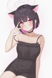 Rule 34 | 1girl, absurdres, alternate costume, animal ears, arm support, armpit crease, ayeon chan, bare shoulders, black dress, black hair, blue archive, brown camisole, camisole, cat choker, cat ears, cat girl, choker, collarbone, colored inner hair, commentary request, dress, frilled dress, frills, hair between eyes, highres, kazusa (blue archive), light blush, looking at viewer, multicolored hair, purple eyes, short dress, short hair, sidelocks, simple background, sitting, sleeveless, smile, solo, spaghetti strap, strap slip, two-tone hair, v, white background