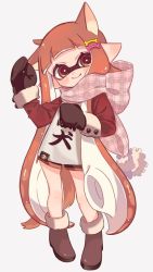 Rule 34 | 1girl, animal ears, black footwear, black mittens, black shorts, blunt bangs, bone hair ornament, boots, brown coat, brown eyes, brown hair, closed mouth, clothes writing, coat, commentary, dog ears, dog tail, dolphin shorts, full body, grey background, hair ornament, head tilt, inkling, inkling girl, inkling player character, kemonomimi mode, long hair, long sleeves, looking at viewer, maco spl, mittens, nintendo, pink scarf, plaid, plaid scarf, pointy ears, scarf, short shorts, shorts, simple background, smile, solo, splatoon (series), standing, symbol-only commentary, tail, tentacle hair, translated, very long hair, winter clothes