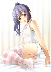 Rule 34 | 1girl, :d, ass, bare arms, bare shoulders, bed sheet, blush, brown eyes, commentary request, curtains, fang, full body, hair between eyes, highres, long hair, looking at viewer, no shoes, old school swimsuit, one-piece swimsuit, open mouth, original, ponytail, purple hair, school swimsuit, shibacha, smile, solo, striped clothes, striped thighhighs, swimsuit, thighhighs, white one-piece swimsuit