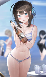 Rule 34 | 4girls, absurdres, bikini, blue bikini, blue eyes, blue ribbon, blunt bangs, blurry, blurry background, blush, bottle, braid, breasts, brown hair, cleavage, cup, drinking glass, french braid, hair ribbon, head tilt, highres, holding, large breasts, looking at viewer, medium breasts, multiple girls, navel, open mouth, original, parted lips, ribbon, sidelocks, skindentation, solo focus, standing, stomach, striped bikini, striped clothes, swimsuit, table, two-tone bikini, water drop, wet, wet clothes, wet hair, wet swimsuit, white bikini, wine bottle, wine glass, xretakex