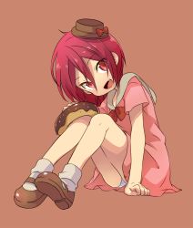 Rule 34 | 10s, 1boy, aged down, bobby socks, child, crossdressing, doughnut, dress, fang, food, free!, full body, hat, looking at viewer, male focus, mary janes, matsuoka rin, memeo (candy house), mini hat, mini top hat, open mouth, panties, red eyes, red hair, shoes, short hair, simple background, smile, socks, solo, top hat, trap, underwear, upskirt, white socks
