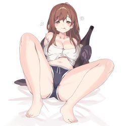 Rule 34 | 1girl, :q, arm support, bare legs, bare shoulders, barefoot, blush, bottle, breasts, brown eyes, brown hair, camisole, cardigan, cleavage, commission, feet, full body, gogoco, highres, holding, holding bottle, knees up, korean commentary, large breasts, leaning back, long hair, looking at viewer, navel, off shoulder, open cardigan, open clothes, original, ribbed sweater, short shorts, shorts, sidelocks, simple background, sitting, sleeves past fingers, sleeves past wrists, strap slip, sweater, toes, tongue, tongue out, white background, white camisole, wine bottle