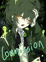 Rule 34 | 1boy, blush, brooch, coat, collared shirt, commission, floor of art&#039;s glowing creature, folded ponytail, green coat, green hair, highres, jewelry, lemonail, library of ruina, long sleeves, male focus, netzach (project moon), open mouth, project moon, shirt, solo, white shirt, yellow eyes