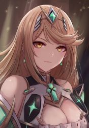 Rule 34 | 1girl, armor, bare shoulders, black background, breasts, chest jewel, cleavage, commentary, drop earrings, earrings, faulds, head tilt, high collar, highres, jewelry, large breasts, leonmandala, light brown hair, light particles, light rays, light smile, long hair, looking at viewer, mythra (xenoblade), nintendo, solo, standing, swept bangs, tiara, upper body, very long hair, xenoblade chronicles (series), xenoblade chronicles 2, yellow eyes
