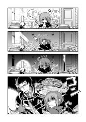 Rule 34 | 1boy, 1girl, 4koma, armor, artist name, book, comic, commentary request, drooling, fire emblem, fire emblem: the blazing blade, food, greyscale, hair over one eye, hector (fire emblem), highres, idea, light bulb, mark (fire emblem: the blazing blade), monochrome, musical note, nakabayashi zun, nintendo, oil lamp, open book, open mouth, saliva, short hair, smile, thinking, thought bubble, translation request, tray