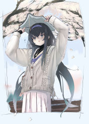 Rule 34 | 1girl, :&lt;, absurdres, arms up, black hair, black shirt, blue archive, blue eyes, book, book on head, border, buttons, cherry blossoms, collared shirt, falling petals, highres, holding, holding book, jewelry, kilabo, blue background, long hair, long sleeves, looking ahead, neckerchief, object on head, open book, outdoors, parted lips, pendant, petals, pleated skirt, purple neckerchief, sailor collar, school uniform, shirt, sidelocks, skirt, sleeves past wrists, solo, standing, sweater, ui (blue archive), white sailor collar, white skirt