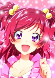 Rule 34 | 1girl, :d, collarbone, commentary request, hair bobbles, hair ornament, hand up, head tilt, light particles, long hair, looking at viewer, open mouth, pink background, pink hair, precure, purple eyes, smile, solo, swept bangs, two side up, upper body, yes! precure 5, yumehara nozomi, yuto (dialique)