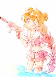 Rule 34 | 1girl, ;), adapted costume, bare shoulders, blonde hair, braid, bright pupils, closed mouth, commentary request, cropped shirt, e.g.o (project moon), employee (project moon), flat chest, gradient hair, highres, holding, holding water gun, hoshizuki sakusa, layered shirt, layered skirt, lobotomy corporation, long hair, miniskirt, multicolored hair, one eye closed, partially submerged, pink eyes, pink hair, pink shirt, pink skirt, pouch, project moon, shirt, short sleeves, single braid, skirt, smile, solo, swimsuit cover-up, thigh pouch, thigh strap, water gun, white pupils