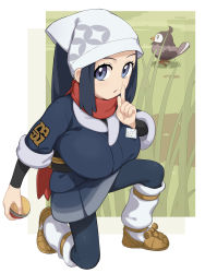 Rule 34 | 1girl, akari (pokemon), alternate breast size, black undershirt, blue hair, breasts, creatures (company), floating scarf, galaxy expedition team survey corps uniform, game freak, gen 4 pokemon, head scarf, highres, huge breasts, nanina (nijnan), nintendo, oppai loli, pokemon, pokemon (creature), pokemon legends: arceus, red scarf, scarf, simple background, starly, white background