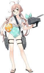 Rule 34 | 1girl, ahoge, ball, beachball, double bun, fujikawa, full body, glasses, gun, hair bun, kantai collection, machinery, makigumo (kancolle), official art, pink hair, sandals, solo, swimsuit, tongue, tongue out, torpedo, torpedo launcher, torpedo tubes, transparent background, turret, twintails, weapon, yellow eyes