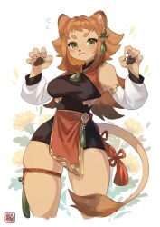 Rule 34 | 1girl, animal ears, animal nose, artist name, bare shoulders, body fur, brown hair, claw pose, commentary, cowboy shot, cropped legs, detached sleeves, floral background, flower knot, flying sweatdrops, fur-tipped tail, furry, furry female, green eyes, hair ornament, hands up, highres, hikimayu, kawarage yatano, lion ears, lion girl, lion tail, long hair, looking at viewer, multicolored hair, neck tassel, orange hair, original, pawpads, pelvic curtain, short bangs, simple background, skindentation, solo, standing, tail, tassel, tassel hair ornament, thigh strap, two-tone hair, white background, yellow fur
