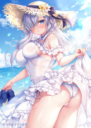 Rule 34 | 1girl, ass, beach, blue eyes, blue sky, blush, breasts, cloud, commentary request, copyright notice, day, dress, flower, frilled dress, frilled panties, frills, grey hair, hair over one eye, hat, hat flower, hat ribbon, holding, holding shoes, horizon, lens flare, looking at viewer, looking to the side, medium breasts, mitsuba choco, original, outdoors, panties, parted lips, ribbon, see-through, shoes, side-tie panties, sideboob, sky, solo, standing, straw hat, sun hat, sundress, thighs, twisted torso, underwear, watermark, wet, wet clothes, white dress, white hair, white panties