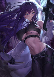 Rule 34 | 1girl, absurdres, bare shoulders, belt, black belt, black gloves, black hair, black pants, black shirt, blue archive, blue eyes, blue hair, breasts, buckle, cameltoe, closed mouth, crop top, gloves, gun, hair between eyes, halo, highres, holding, holding gun, holding knife, holding weapon, knife, knife sheath, large breasts, long hair, long sleeves, looking at viewer, midriff, navel, no mask, off shoulder, pants, pengrani, purple eyes, purple hair, saori (blue archive), sheath, shirt, sig 516, sleeveless, sleeveless shirt, snap-fit buckle, solo, standing, stomach, very long hair, weapon