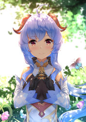 Rule 34 | 1girl, ahoge, animal, backlighting, bare shoulders, black bodysuit, black gloves, blue hair, blush, bodysuit, breasts, bug, butterfly, chahei, closed mouth, commentary, cowbell, curled horns, day, detached sleeves, flower, ganyu (genshin impact), genshin impact, gloves, hair between eyes, hands up, highres, horns, insect, long hair, long sleeves, looking at viewer, medium breasts, outdoors, own hands together, pink flower, red eyes, sidelocks, smile, solo, symbol-only commentary, upper body, very long hair, white sleeves, wide sleeves
