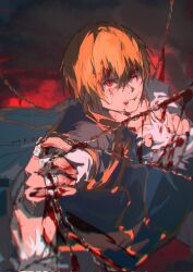 Rule 34 | 2boys, blonde hair, blood, blood on clothes, blood on face, blood on hands, chain, chrollo lucilfer, corrupted twitter file, dated, hair between eyes, highres, hunter x hunter, injury, jewelry, kurapika, looking at viewer, male focus, mei ren, multiple boys, multiple rings, out of frame, outdoors, red eyes, ring, short hair, solo focus, upper body
