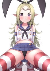 Rule 34 | 1girl, absurdres, ahoge, arms behind back, black hairband, black neckerchief, black panties, blush, breasts, circlet, commission, cosplay, crop top, elbow gloves, fire emblem, fire emblem awakening, gloves, green hair, hairband, highleg, highleg panties, highres, kantai collection, long hair, looking at viewer, microskirt, neckerchief, nintendo, nowi (fire emblem), panties, pointy ears, purple eyes, sailor collar, shimakaze (kancolle), shimakaze (kancolle) (cosplay), simple background, skeb commission, skirt, small breasts, smile, solo, spread legs, striped clothes, striped thighhighs, thighhighs, thighs, thong, tiemu (man190), underwear, upskirt, white background