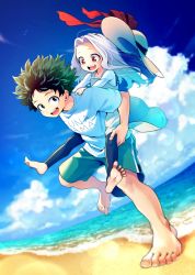 Rule 34 | 1boy, 1girl, abiko yuuji, barefoot, beach, black legwear, boku no hero academia, carrying, clothes writing, cloud, cloudy sky, commentary request, day, dress, eri (boku no hero academia), feet, freckles, frilled dress, frills, green dress, green eyes, green hair, green shorts, hand on another&#039;s hand, happy, hat, highres, horns, long hair, long sleeves, looking at viewer, messy hair, midoriya izuku, ocean, open mouth, outdoors, piggyback, pinafore dress, red eyes, red ribbon, ribbon, shirt, short hair, short sleeves, shorts, single horn, sky, sleeveless dress, smile, teeth, upper teeth only, white shirt
