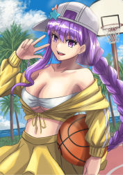 Rule 34 | 1girl, asymmetrical hair, ball, bandeau, bare shoulders, baseball cap, basketball, basketball (object), basketball hoop, bb (fate), bb (fate) (all), bb (swimsuit mooncancer) (fate), bb (swimsuit mooncancer) (first ascension) (fate), blue sky, braid, breasts, cleavage, collarbone, cropped jacket, fate/grand order, fate (series), hat, hat ornament, highres, jacket, ksfactory, large breasts, long hair, long sleeves, looking at viewer, midriff, miniskirt, open mouth, palm tree, purple eyes, purple hair, single braid, skirt, sky, smile, solo, star (symbol), star hat ornament, tree, very long hair, w, white hat, yellow jacket, yellow skirt