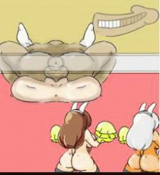 Rule 34 | 1boy, 4girls, animal ears, animated, animated gif, anus, ass, ass shake, bikini, blonde hair, breasts, brown hair, exhibitionism, fat, fat man, long hair, lowres, mating press, multiple girls, nude, parody, penis, pom pom (cheerleading), public indecency, pussy, rabbit ears, sex, shiny skin, slingshot swimsuit, swimsuit, testicles, thighs, uncensored, white hair, youmeituzaki
