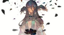 Rule 34 | 1girl, absurdres, alternate hair length, alternate hairstyle, black flower, black hair, blood, blood on clothes, blood on face, blue eyes, blurry, brooch, capelet, depth of field, eboda-x, falling petals, feathered wings, final fantasy, final fantasy xiv, flower, grey capelet, hair between eyes, head wings, highres, jewelry, long hair, long sleeves, looking ahead, looking at viewer, meteion, petals, puffy long sleeves, puffy sleeves, simple background, solo, spoilers, upper body, white background, wide-eyed, wings
