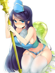 Rule 34 | 1girl, ambition of the slimes, black hair, blue eyes, blush, breasts, female focus, female pubic hair, garter straps, hat, large breasts, long hair, looking at viewer, naso4, pubic hair, sideboob, simple background, slime (creature), solo, staff, thick thighs, thighhighs, thighs, white background