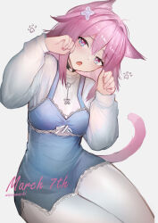 Rule 34 | 1girl, absurdres, alternate costume, animal ears, artist name, black choker, blue eyes, cat ears, cat tail, character name, choker, commentary, dress, english commentary, grey background, hair ornament, hands up, highres, honkai: star rail, honkai (series), kemonomimi mode, long sleeves, march 7th (honkai: star rail), pantyhose, paw pose, pink eyes, pink hair, shirt, short dress, short hair, solo, tail, two-tone eyes, wawamachi (wawamachis), white pantyhose, white shirt