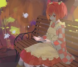 Rule 34 | 1girl, apron, bad id, bad twitter id, bell, bench, book, bow, closed mouth, commentary request, dress, hair bell, hair between eyes, hair bow, hair ornament, highres, long sleeves, motoori kosuzu, open book, orange dress, orange hair, park bench, pikumin, reading, red eyes, short hair, short twintails, sitting, smile, solo, touhou, twintails, wide sleeves, yellow apron