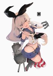 Rule 34 | 1girl, absurdres, anchor hair ornament, artist logo, black hairband, black neckerchief, black panties, blonde hair, blue sailor collar, blue skirt, crop top, elbow gloves, fujiyama ichiha, gloves, grey eyes, hair ornament, hairband, highleg, highleg panties, highres, kantai collection, long hair, looking at viewer, microskirt, miniskirt, neckerchief, panties, pleated skirt, rensouhou-chan, sailor collar, shimakaze (kancolle), simple background, skirt, solo, striped clothes, striped thighhighs, thighhighs, underwear, white background, white gloves