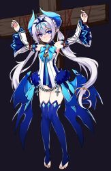 Rule 34 | + +, 1girl, bad id, bad twitter id, bare shoulders, barefoot, bat wings, bdsm, blue bow, blue eyes, blue thighhighs, blush, bondage, bound, bound wrists, bow, braid, breasts, chain, closed mouth, crown, detached sleeves, dress, elbow gloves, elsword, eyes visible through hair, feet, french braid, full body, gloves, hair between eyes, horns, jewelry, leotard, long hair, looking at viewer, low wings, luciela r. sourcream, miniskirt, noblesse (elsword), pointy ears, restrained, skirt, small breasts, solo, standing, strapless, strapless leotard, symbol-shaped pupils, tama (tamatamo), thighhighs, toe ring, toeless legwear, toes, twintails, very long hair, white hair, white leotard, wings
