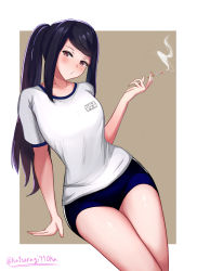 Rule 34 | 1girl, alternate costume, arm support, blouse, blue hair, blush, breasts, brown background, buruma, cigarette, collarbone, cowboy shot, dark blue hair, gym uniform, head tilt, highres, jill stingray, katsuragi nantoka, leaning on object, leaning to the side, looking at viewer, medium breasts, nail polish, name tag, narrow waist, open mouth, outside border, pink nails, ponytail, puckered lips, red eyes, shirt, short sleeves, sidelocks, simple background, smoke, smoking, solo, swept bangs, t-shirt, thighs, twitter username, va-11 hall-a, white shirt, wide hips