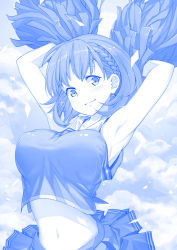 Rule 34 | 1girl, ai-chan (tawawa), armpits, arms up, bare shoulders, blue theme, blush, bouncing breasts, braid, breasts, cheerleader, closed mouth, cloud, collarbone, crop top, crop top overhang, getsuyoubi no tawawa, hair ornament, hairclip, large breasts, looking at viewer, midriff, monochrome, navel, official style, pleated skirt, pom pom (cheerleading), raijuu (bakanara), short hair, side braid, skirt, sleeveless, smile, solo, sparkle, stomach, tareme, upper body